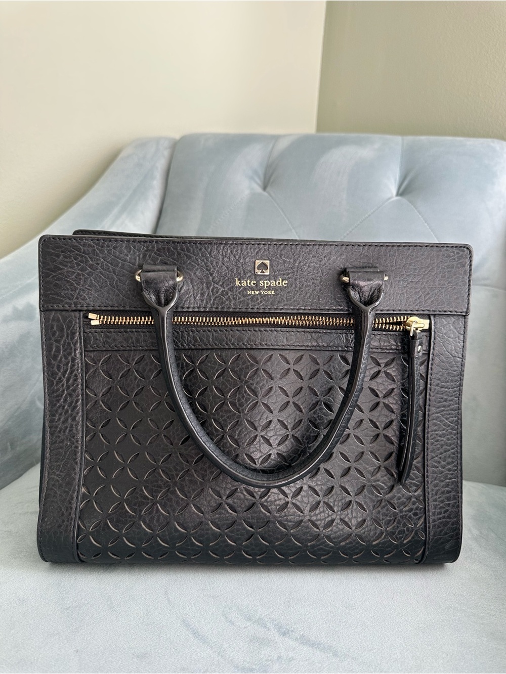 kate spade Black Embossed Leather Top-Handle tote - Picture 3 of 16